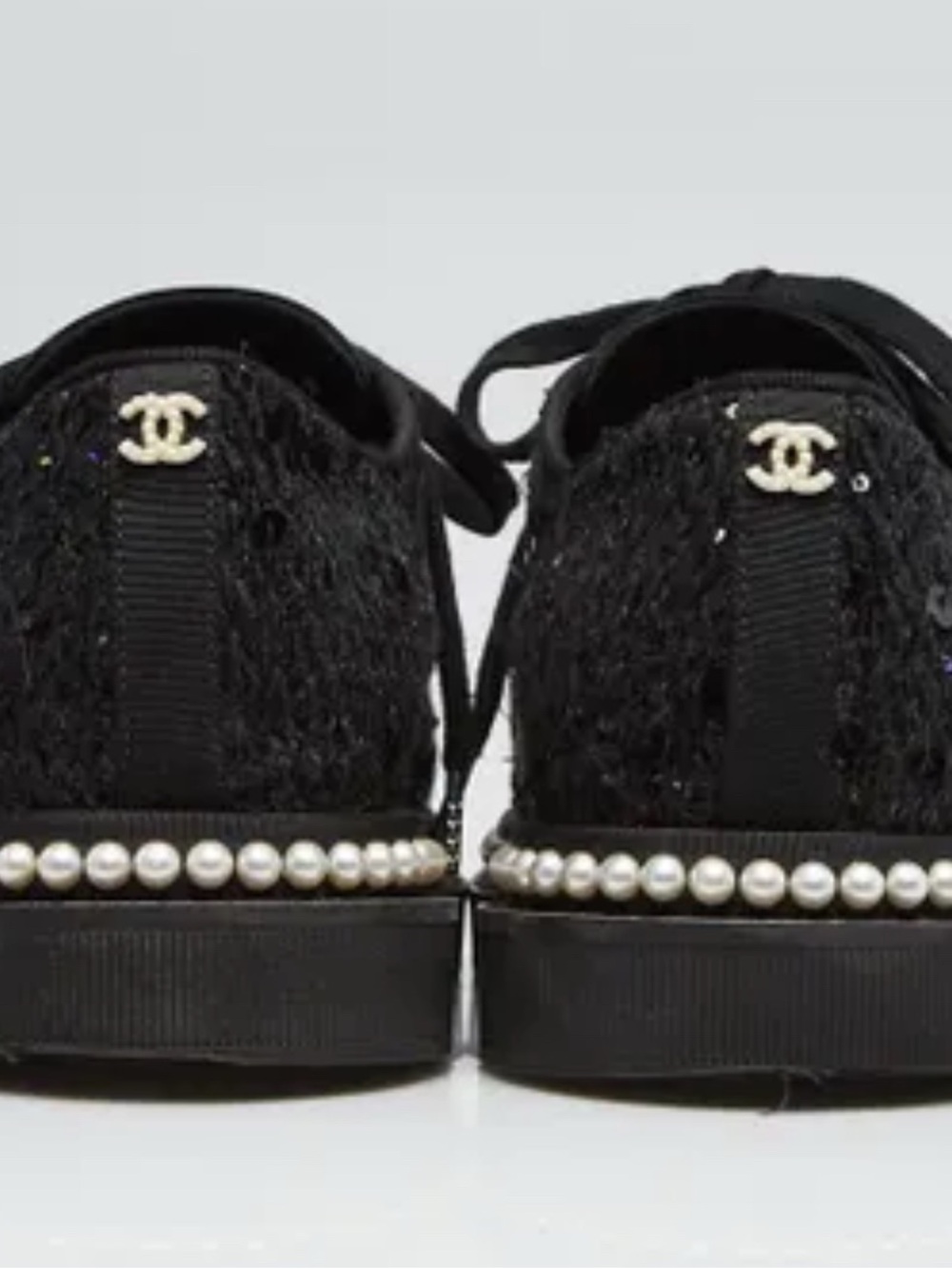 CHANEL Black Tweed Pearl-Trim Low-Top Sneakers